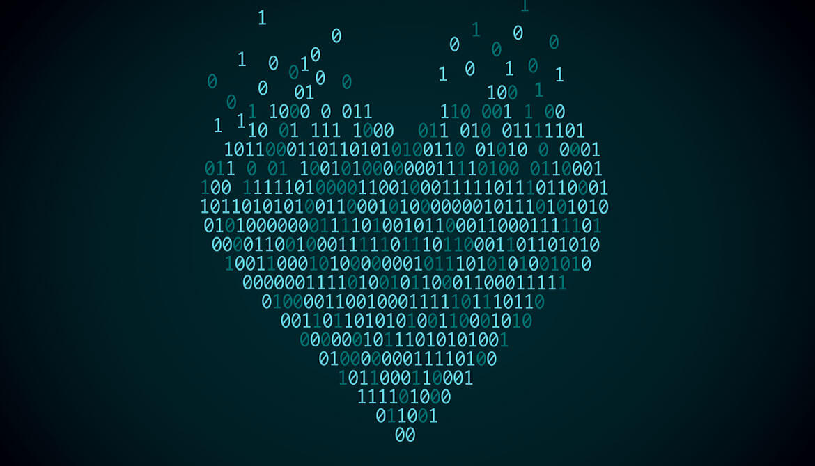 green digital heart made of 1s and 0s