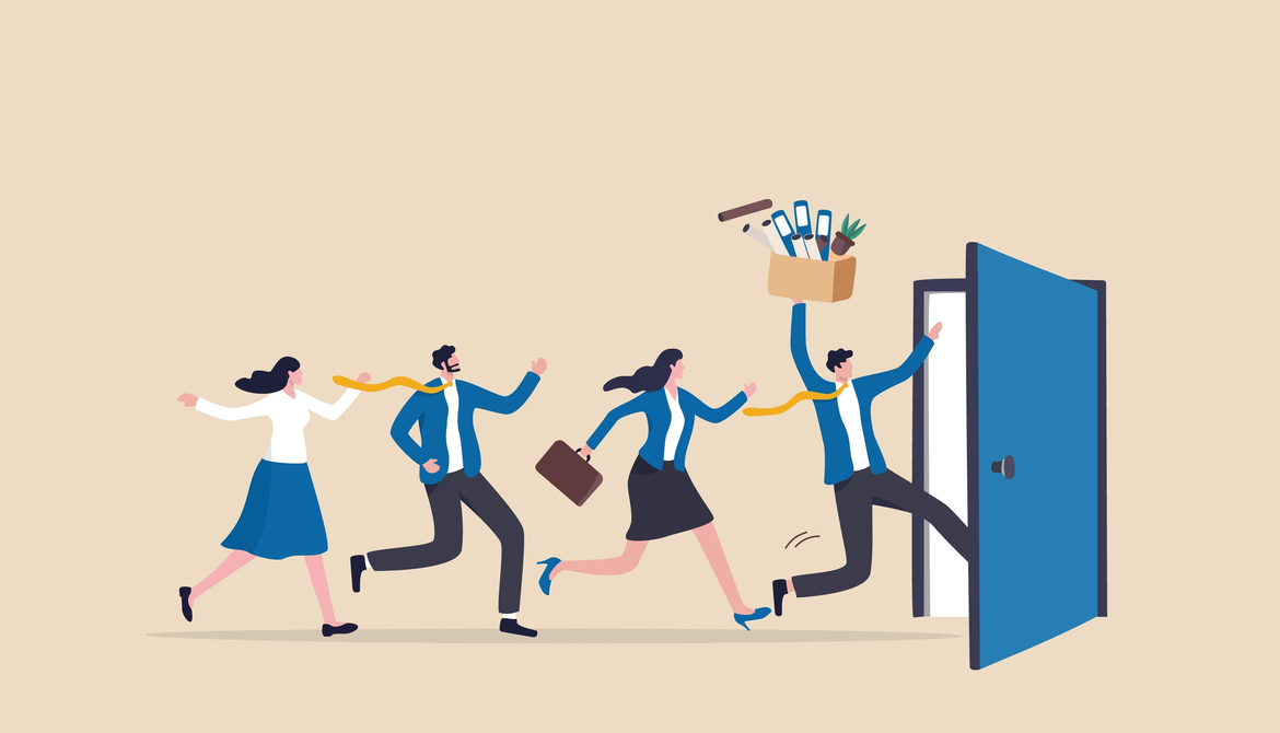 illustration of employees running out the door