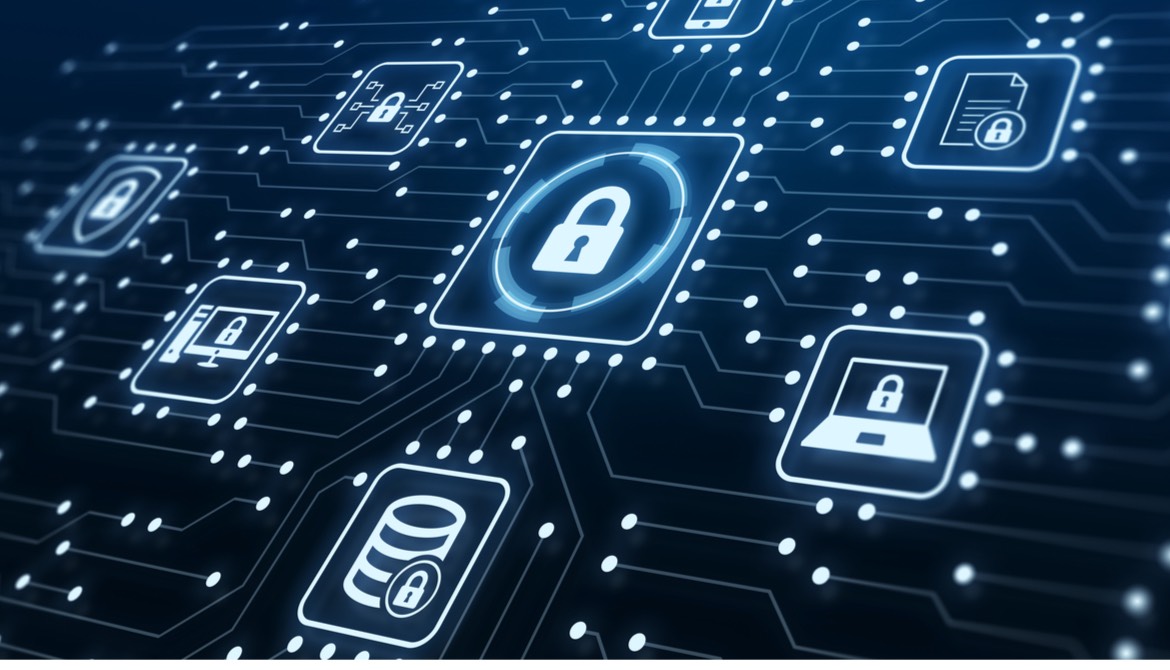 digital cybersecurity icons connected by circuits