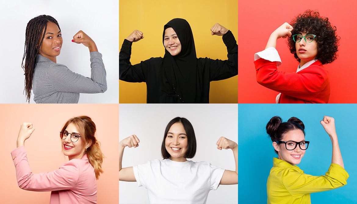 Six diverse women flex their arm muscles