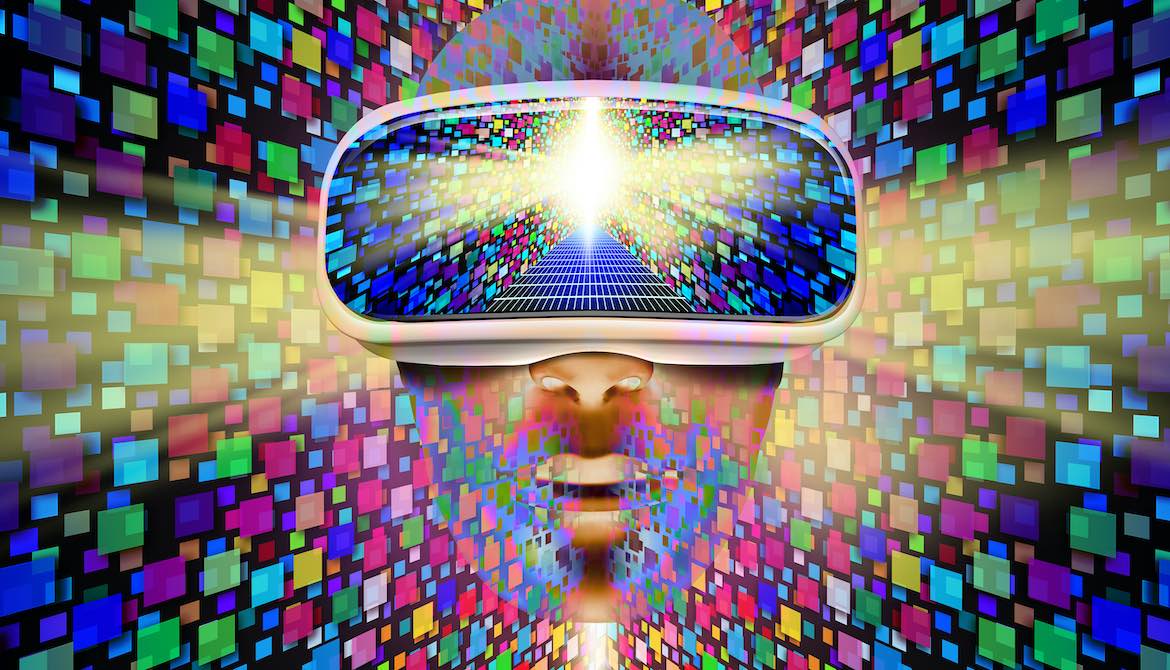 digital illustration of face wearing virtual reality goggles to see the metaverse