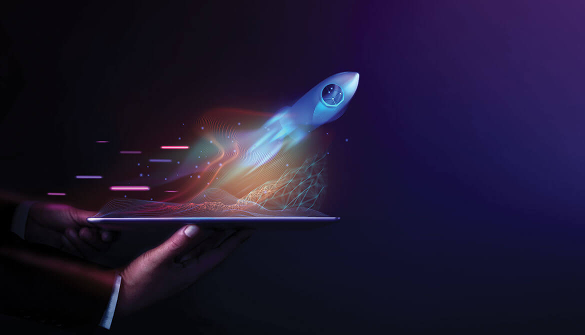 illustration of hands holding a tablet from which a rocket ship blasts off