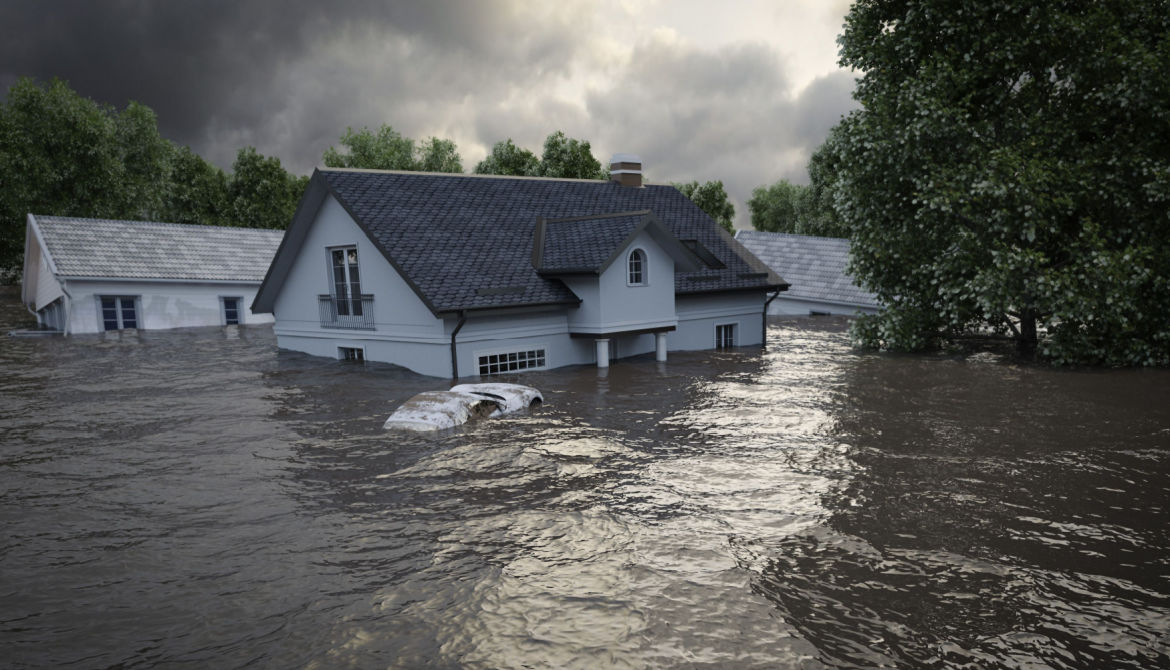 flooded house with trees and storm