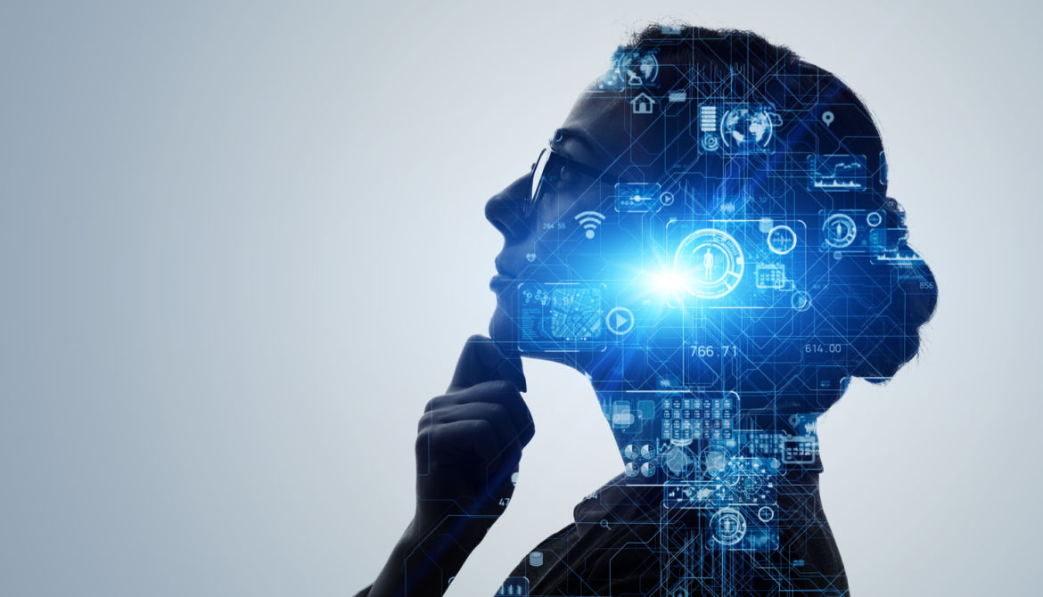 profile of businesswoman with IT images and icons in her brain