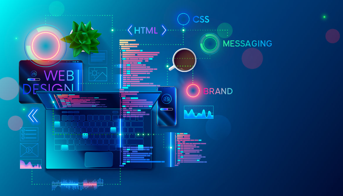 digital illustration of web design and digital marketing tools