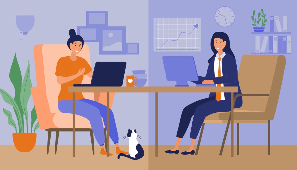 illustration of a business woman working both in the office in a suit and at home with her cat
