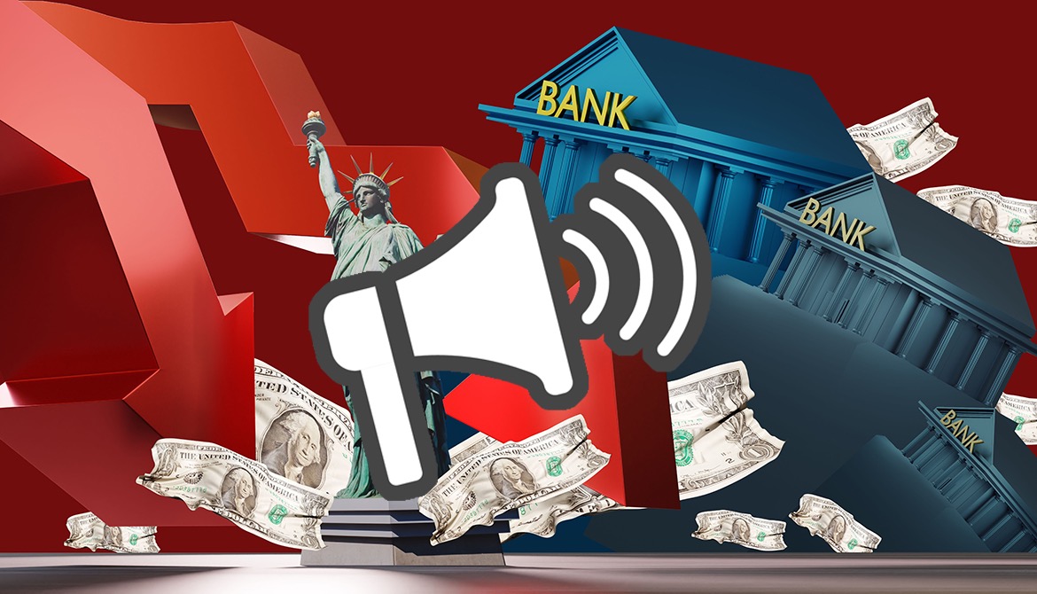 marketing PR megaphone icon over collage image of collapsing banks and crumpled dollars with down arrows and the Statue of Liberty
