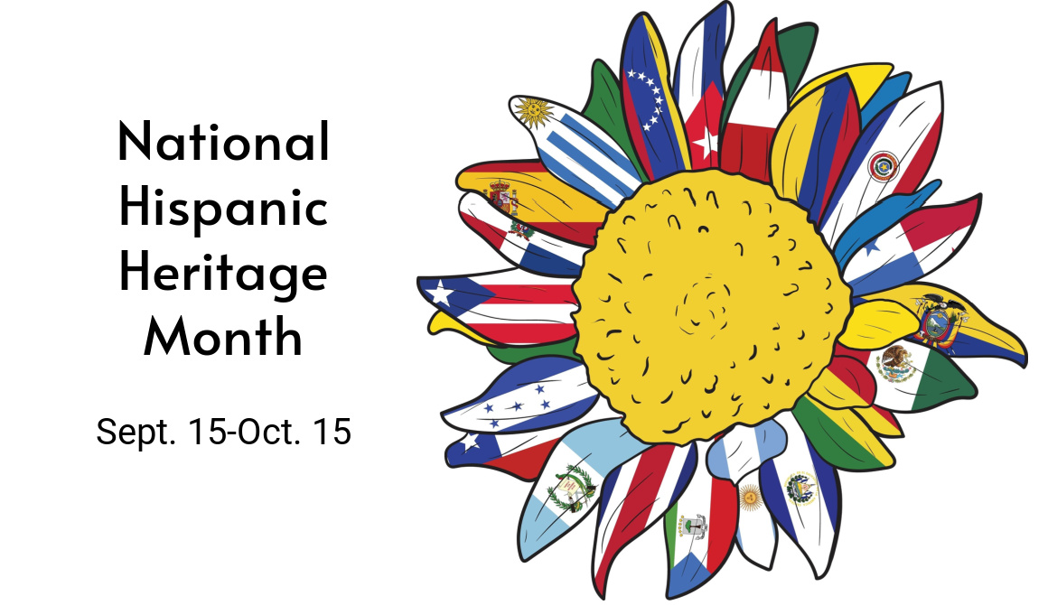 National Hispanic Heritage Month depicted with a flower that has flags of various Latino countries as the petals