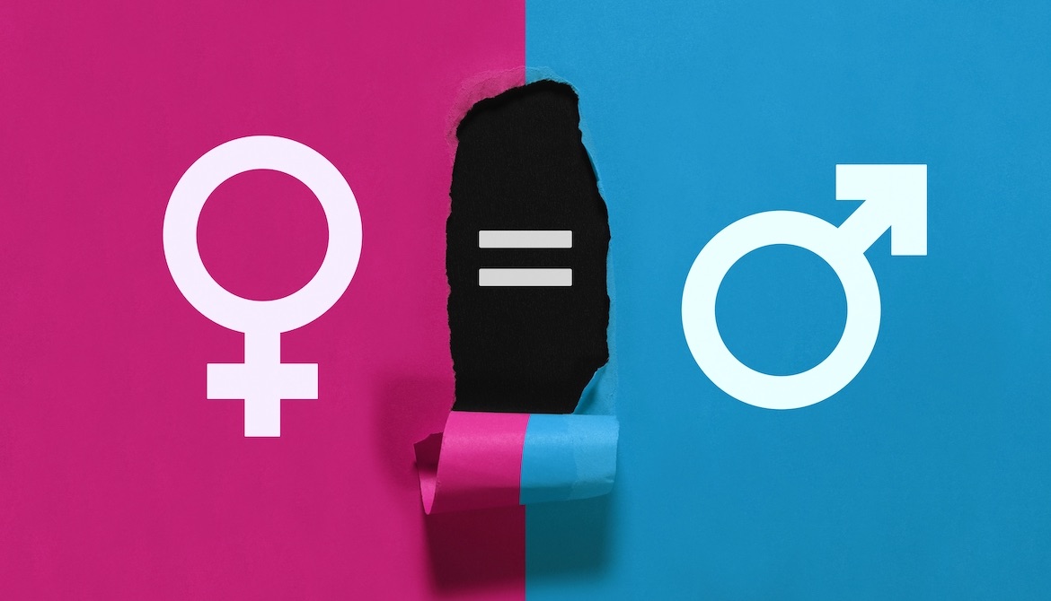 gender symbols on pink and blue backgrounds with the middle area peeled away to reveal an equal sign