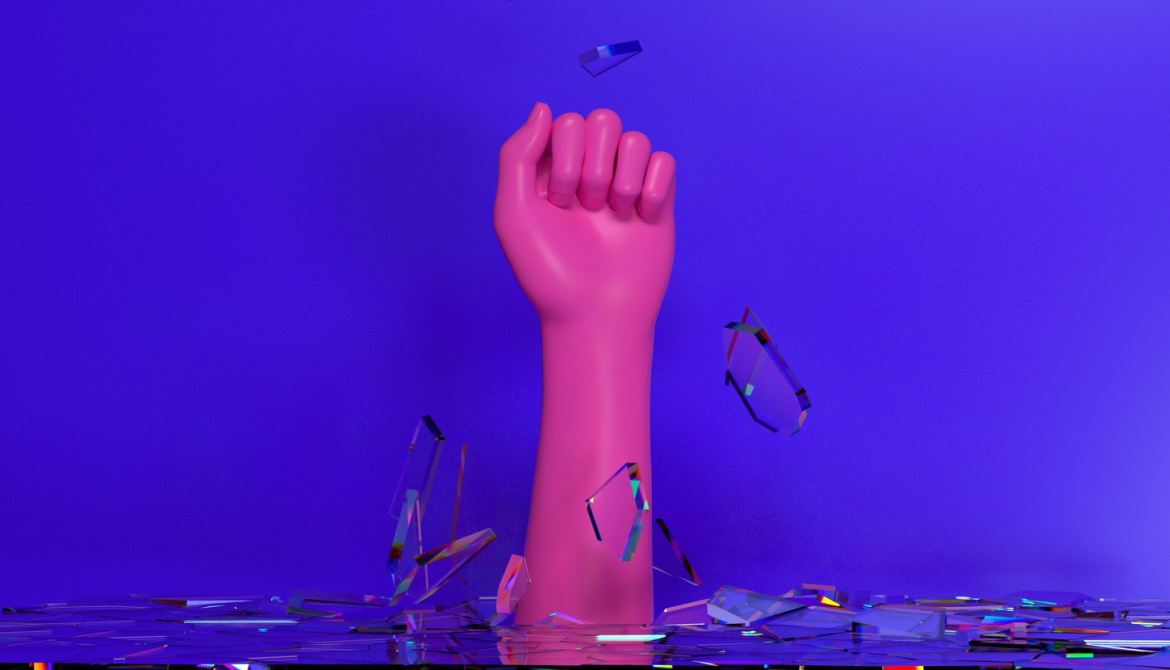 pink hand breaks through blue glass