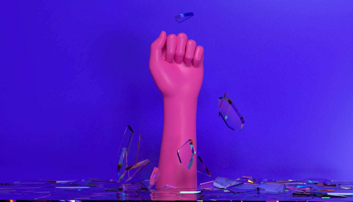 pink hand breaks through blue glass
