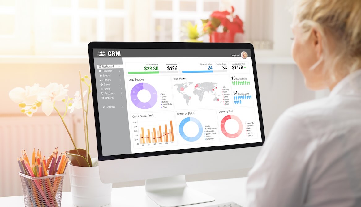 woman working crm screen