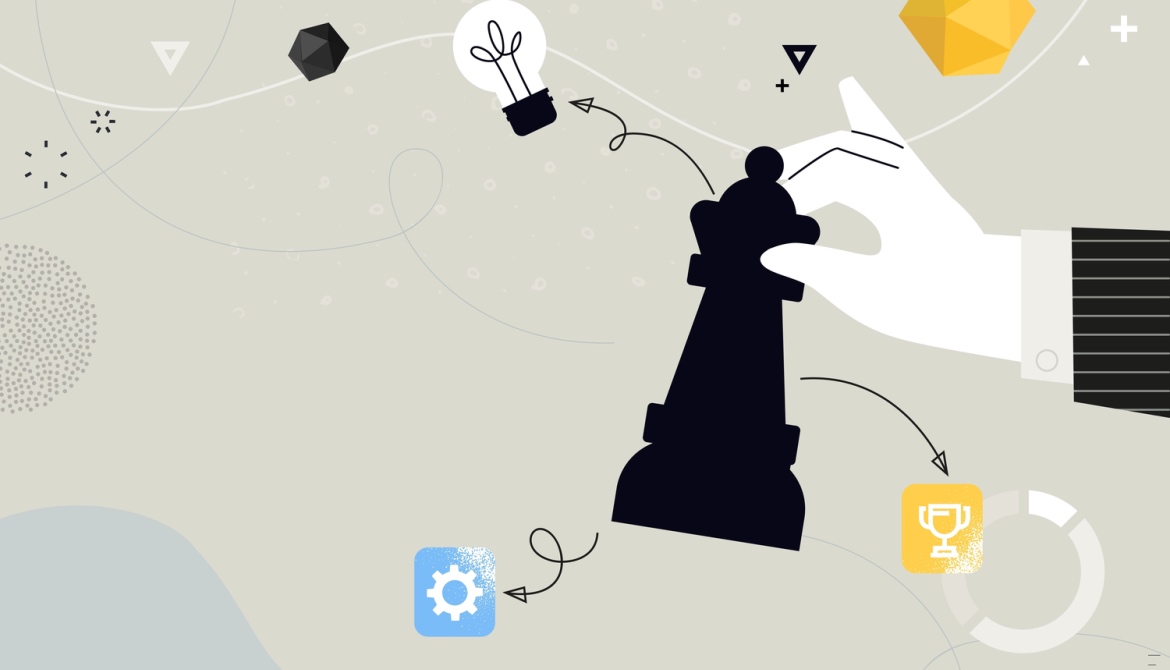 illustration of a hand holding a black chess piece