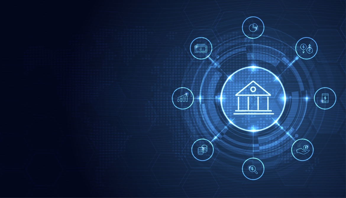 Financial and Banking technology with integrated circles and glowing line icons on blue background