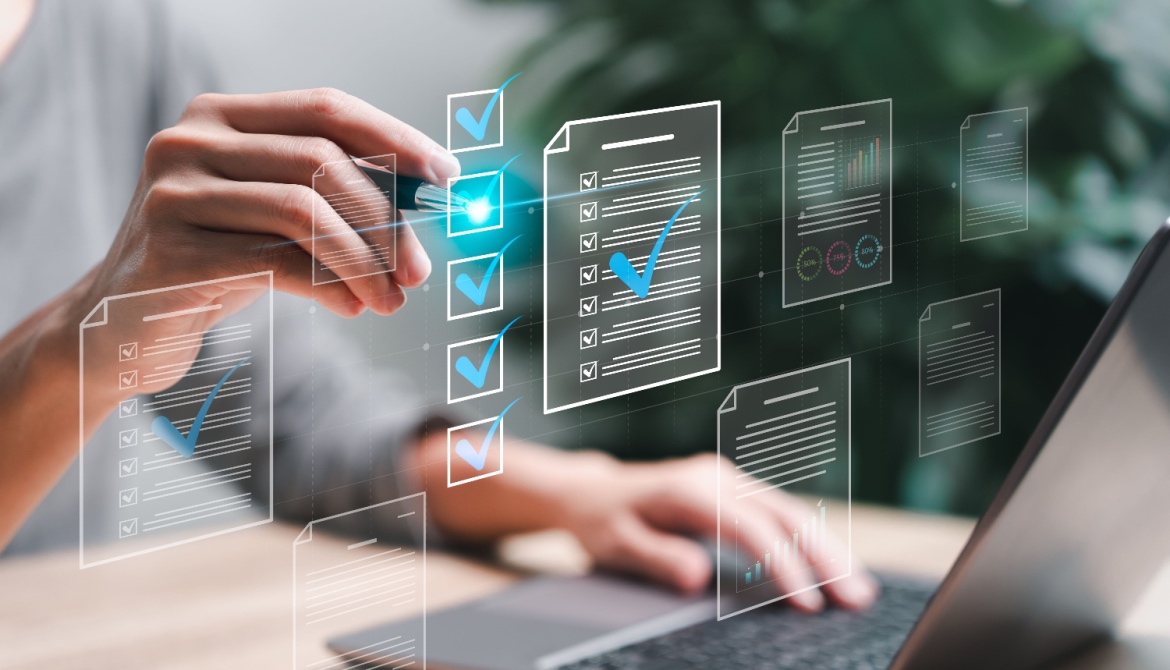 Businesswoman checks electronic documents on digital documents on virtual screen