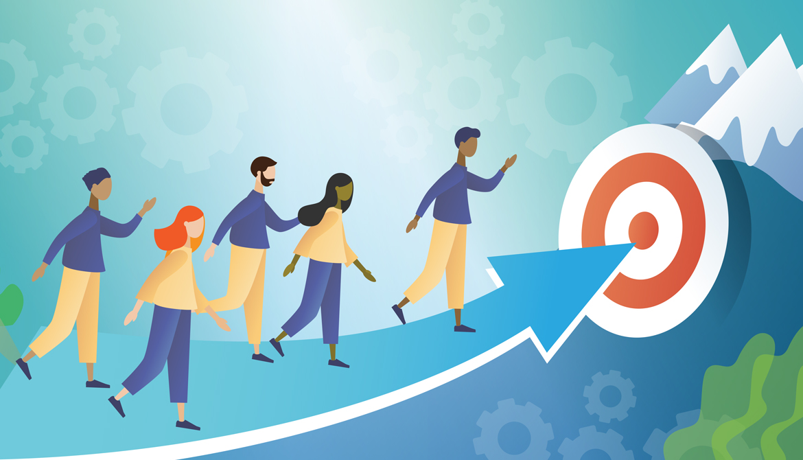 people walking on an arrow pointing at a bullseye on a target