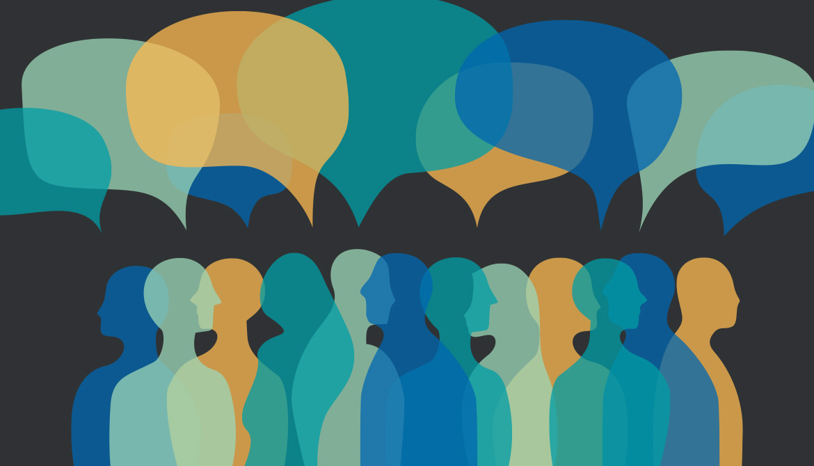 silhouette of a crowd of people with speaking bubbles over their heads