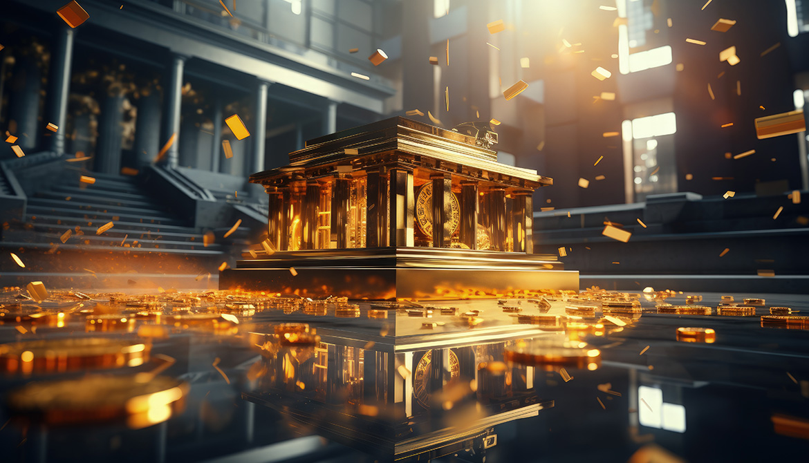 golden clock on floor with gold bars falling from the sky