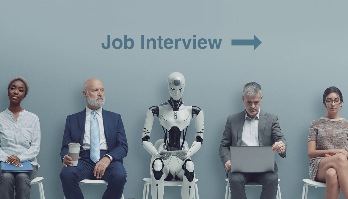 robot sitting in line for job interview