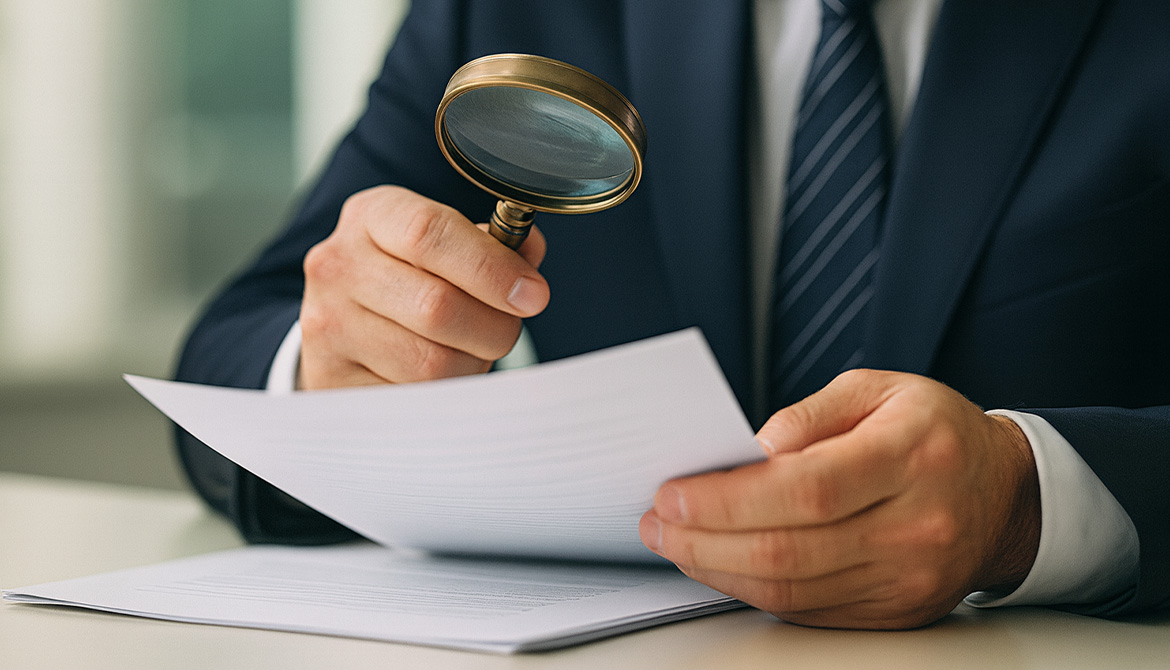 man reading document with a magnifying glass