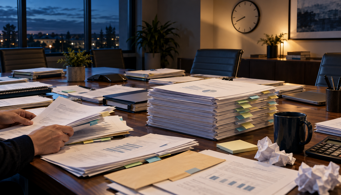 conference table with piles of documents being looked at late into the night