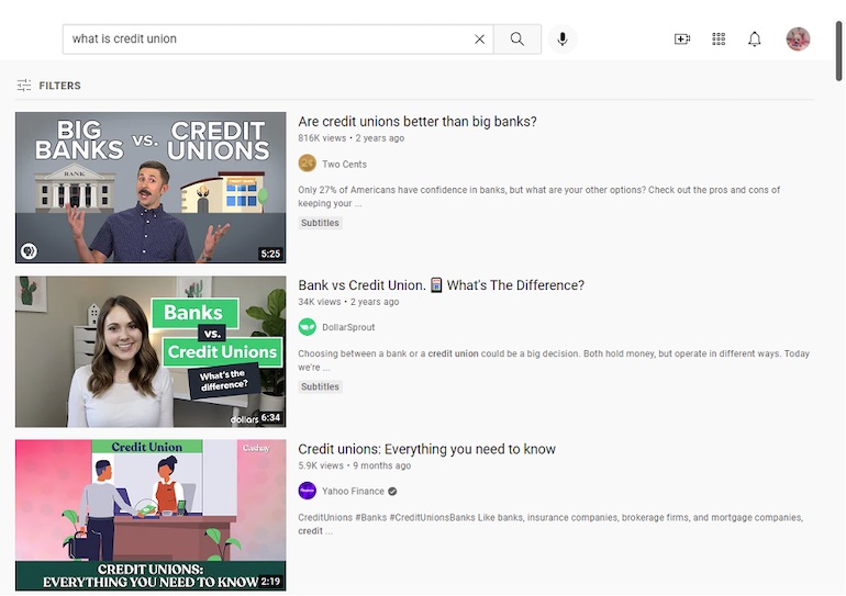 YouTube credit union search results with custom thumbnails