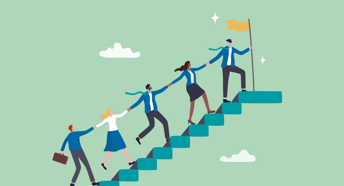 illustration of people climbing stairs holding on to each other - helping each other to the top