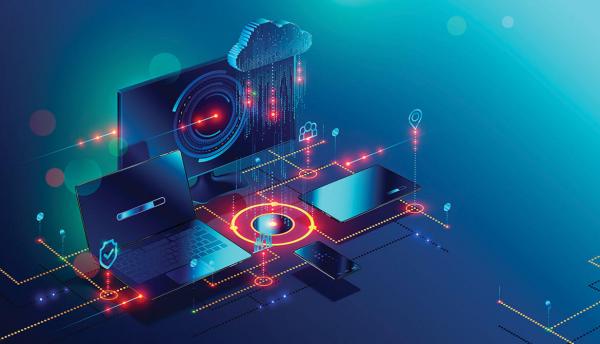 digital illustration of connected computers and devices all downloading from the cloud