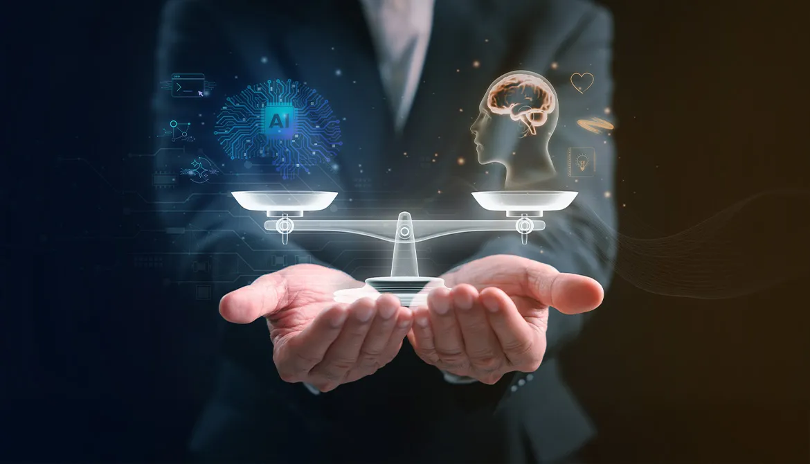 Scales showing AI and a person balanced 