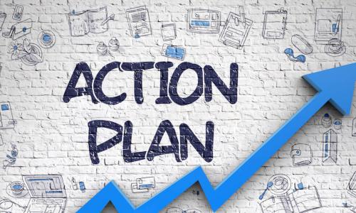 Action Plan Inscription on the Line Style Illustration. with Blue Arrow and Doodle Design Icons Around. Action Plan 