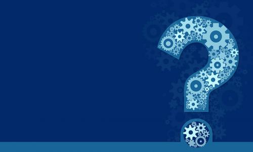 question mark made of gears on blue backdrop