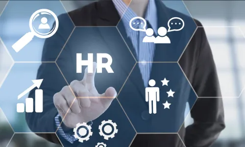 Businessman hand pressing button human resources. sign on virtual screen. business concept. People and culture. 