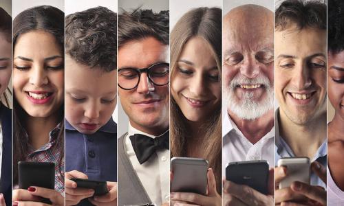 collage of diverse group of people using mobile devices