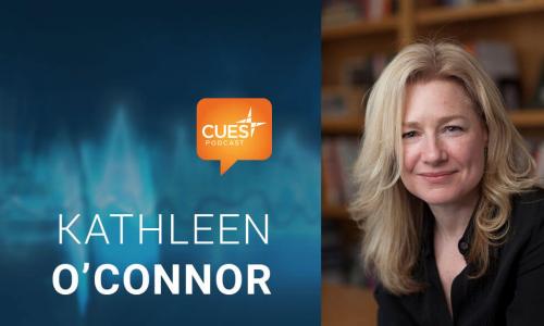 CUES podcast logo and image of guest Kathleen O’Connor