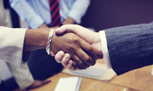 handshake of an african american executive and a caucasian executive
