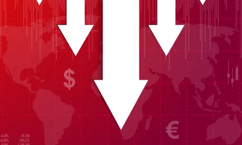 white arrows pointing down on a red background