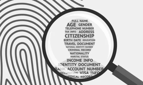 fingerprint with a list of privacy terms and a magnifying glass