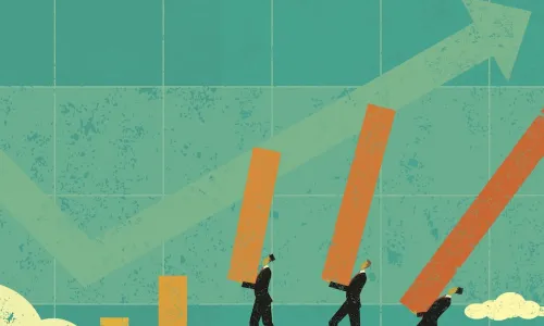 illustration shows business men placing bar chart bars on a hill suggests improvement and progress