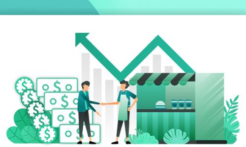 illustration of small business owner shaking hands with lender in front of shop and upward trending graph and money