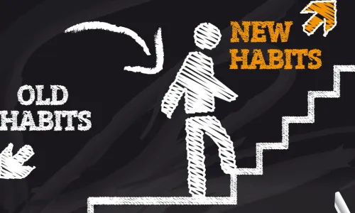 old and new habits staircase with chalk man going to new habits