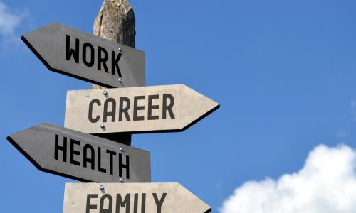 wooden arrow signs pointing to work career health and family in front of blue sky