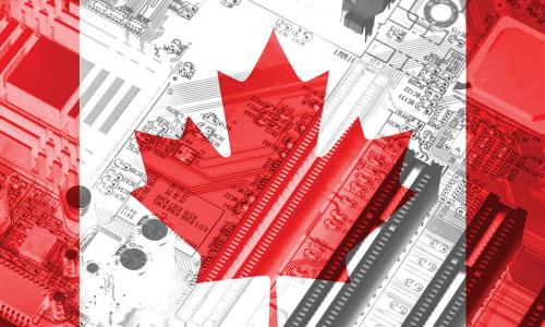 transparent Canadian flag displayed over image of computer motherboard