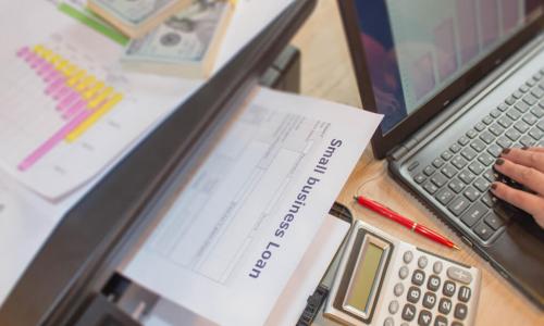 Businesswoman types on laptop displaying financial chart while printing small business loan application form