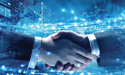 businesspeople shaking hands in the midst of blue swirl of data points