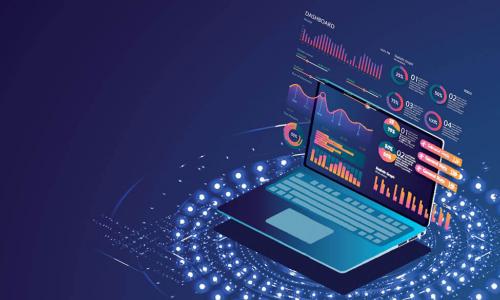 digital illustration of an option laptop displaying data analytics reports and graphs