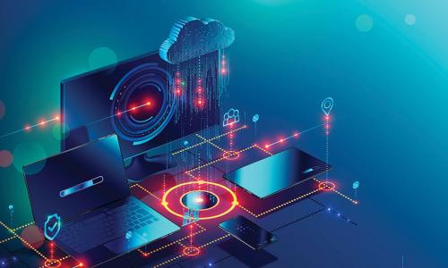 digital illustration of connected computers and devices all downloading from the cloud