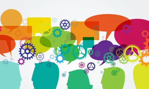 colorful heads with thought bubbles