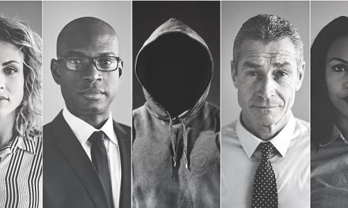 panels with diverse faces including a fraudster in a hoodie