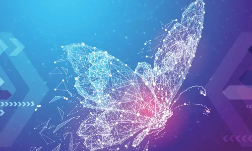 blue and purple digital illustration of a flying butterfly and arrows