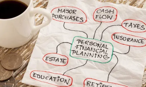 coffee by napkin with financial planning terms and coins